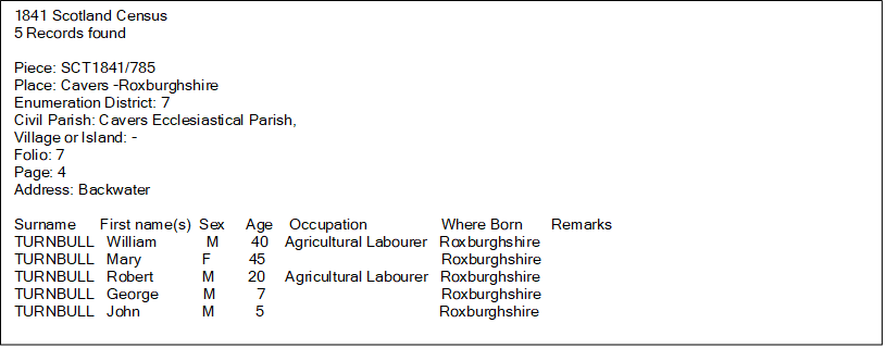 1841 Census - Turnbull family Roxburgshire