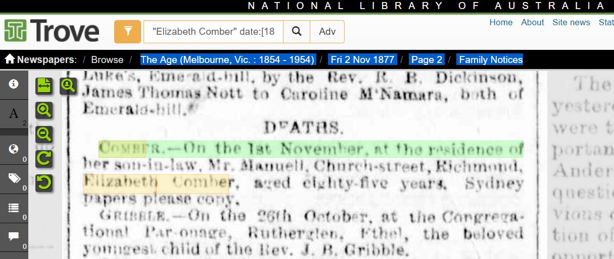 1877-11-02 - Death Notice - COMBER, Elisabeth (nee Lowe) - The Age pg2