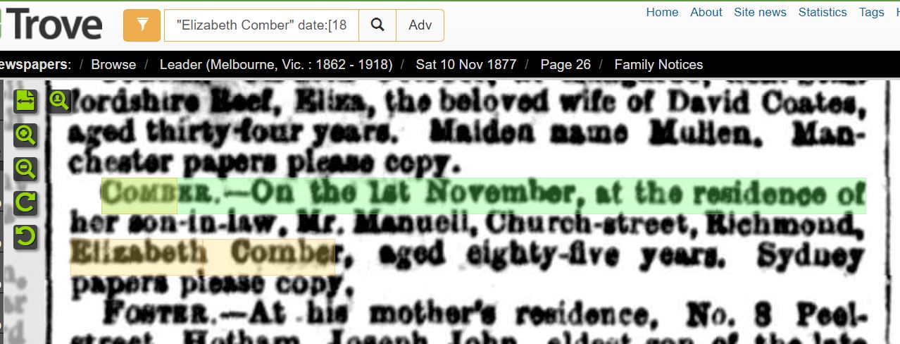 1877-11-10 - Death Notice - COMBER, Elisabeth (nee Lowe) - Leader Melb pg26
