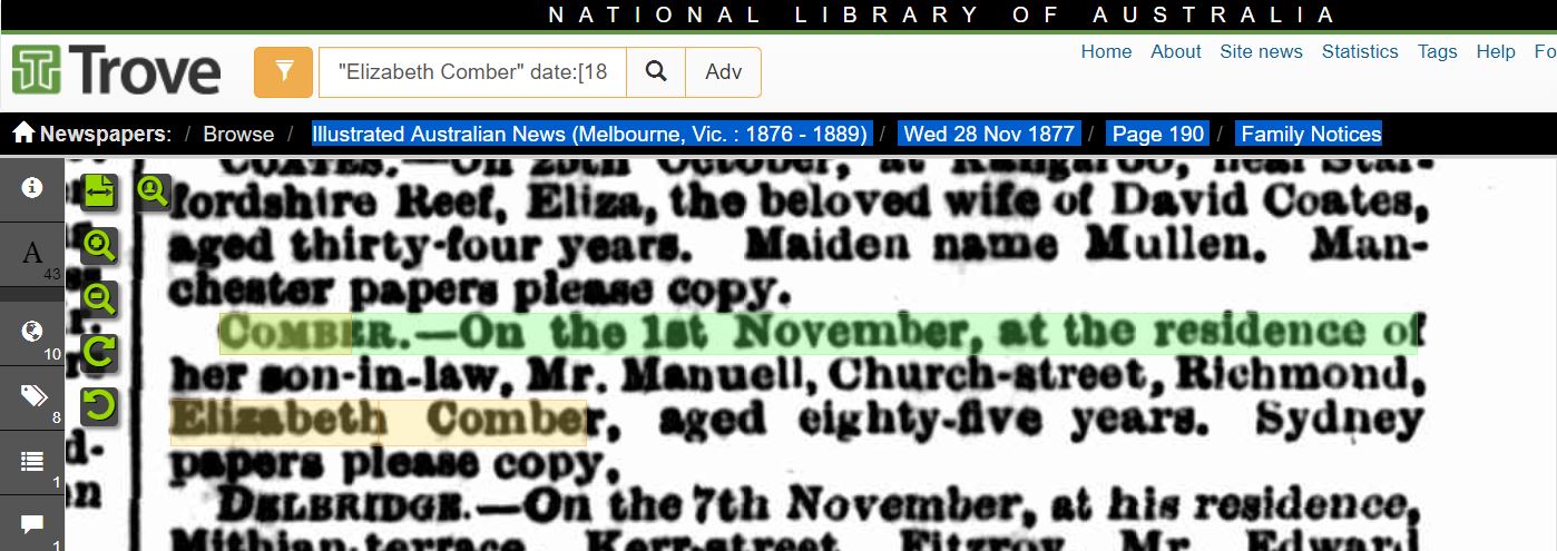 1877-11-28 - Death Notice - COMBER, Elisabeth (nee Lowe) - Illustrated Australian News pg190